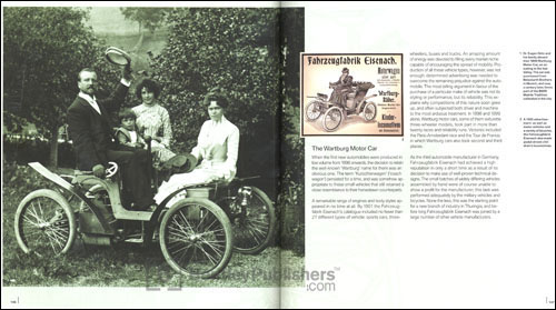 (Left) Dr. Eugen Gotz and his family aboard their 1899 Wartburg Motor Car, on an outing in the Isar Valley. The car was purchased from Beissbarth Brothers in Munich, and now, a century later, forms part of the BMW  Mobile Tradition collection in the city.
(Right) A 1900 advertisement: as well as motor vehicles and a variety of bicycles, the Fahrzeugfabrik Eisenach also made pedal-driven children