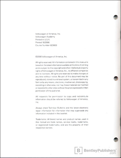 VW 3.2 and 3.6 liter FSI Engine Self-Study Program copyright page